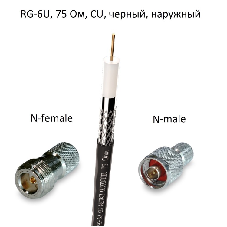 Кабель 75 Ом RG-6U с накручивающимися разъемами N-female и N-male, медный, черный, уличный, 8 метров