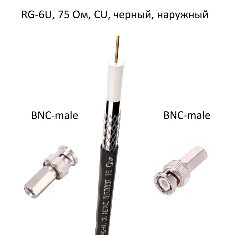 Кабель 75 Ом RG-6U с накручивающимися разъемами BNC-male, медный, черный, уличный, 3 метра