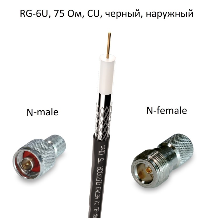 Кабель 75 Ом RG-6U с накручивающимися разъемами N-male и N-female, медный, черный, уличный, 15 метров